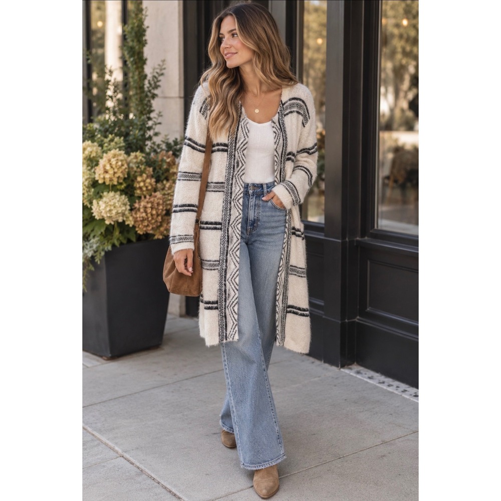 Solitaire Anthropologie Size Large Fuzzy Boho Long Open Front Cardigan Sweater